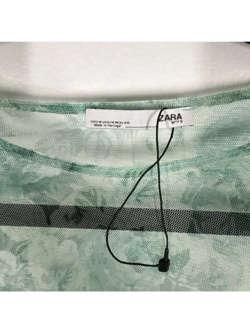 Zara Women M Green Floral Mesh Sheer Y2K Ruched Long Sleeve Blouse NWOT